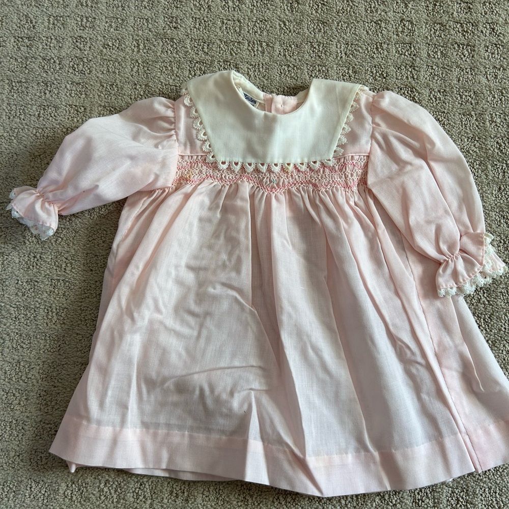 Pink Smocked Baby Dress with White Peter Pan Collar
